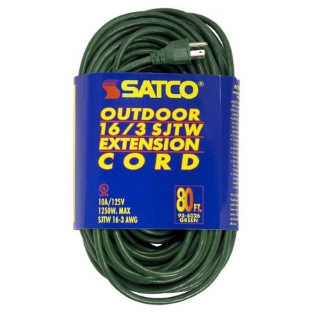 SATCO 80Ft Heavy Duty Green Outdoor Extension Cord 10A 1250W 125V - Toronto  Lighting Supply Inc.
